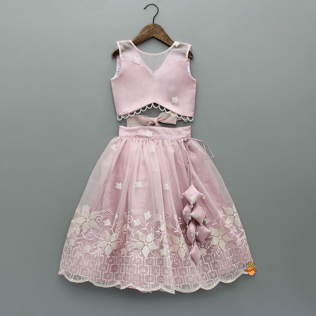 Pre Order: Pink Organza Crop Top With Lehenga