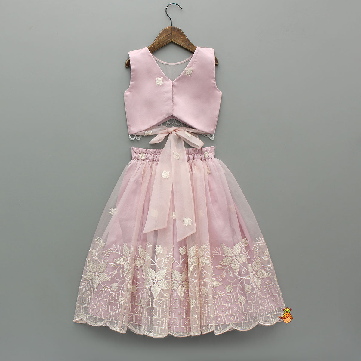 Pre Order: Pink Organza Crop Top With Lehenga