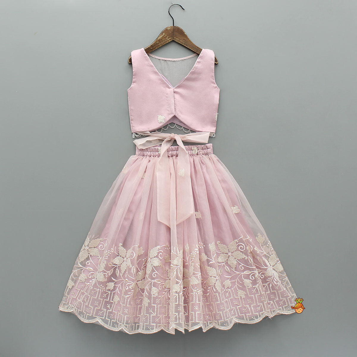 Pre Order: Pink Organza Crop Top With Lehenga