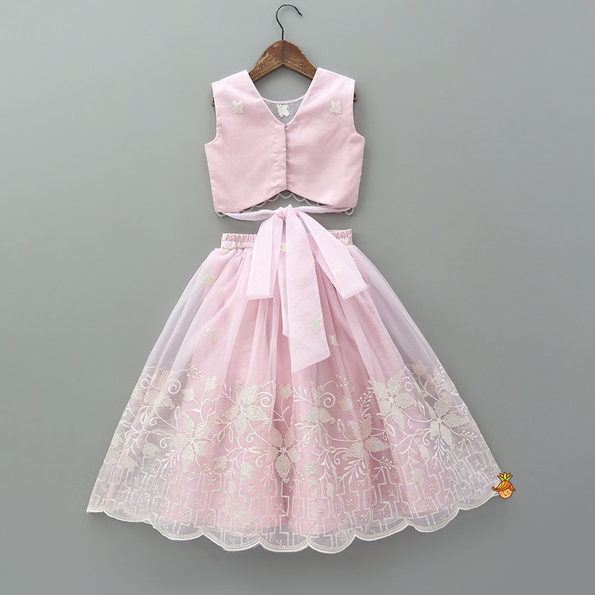 Pre Order: Pink Organza Crop Top With Lehenga