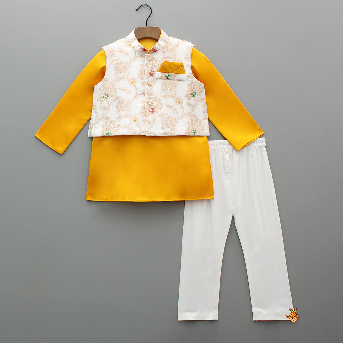 Pre Order: Yellow Kurta With Brocade Jacket And Pyjama