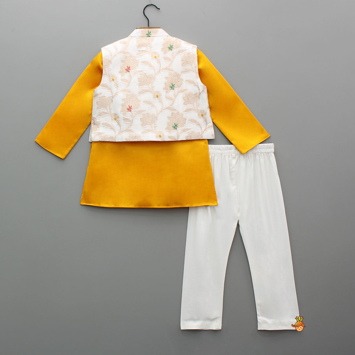 Pre Order: Yellow Kurta With Brocade Jacket And Pyjama