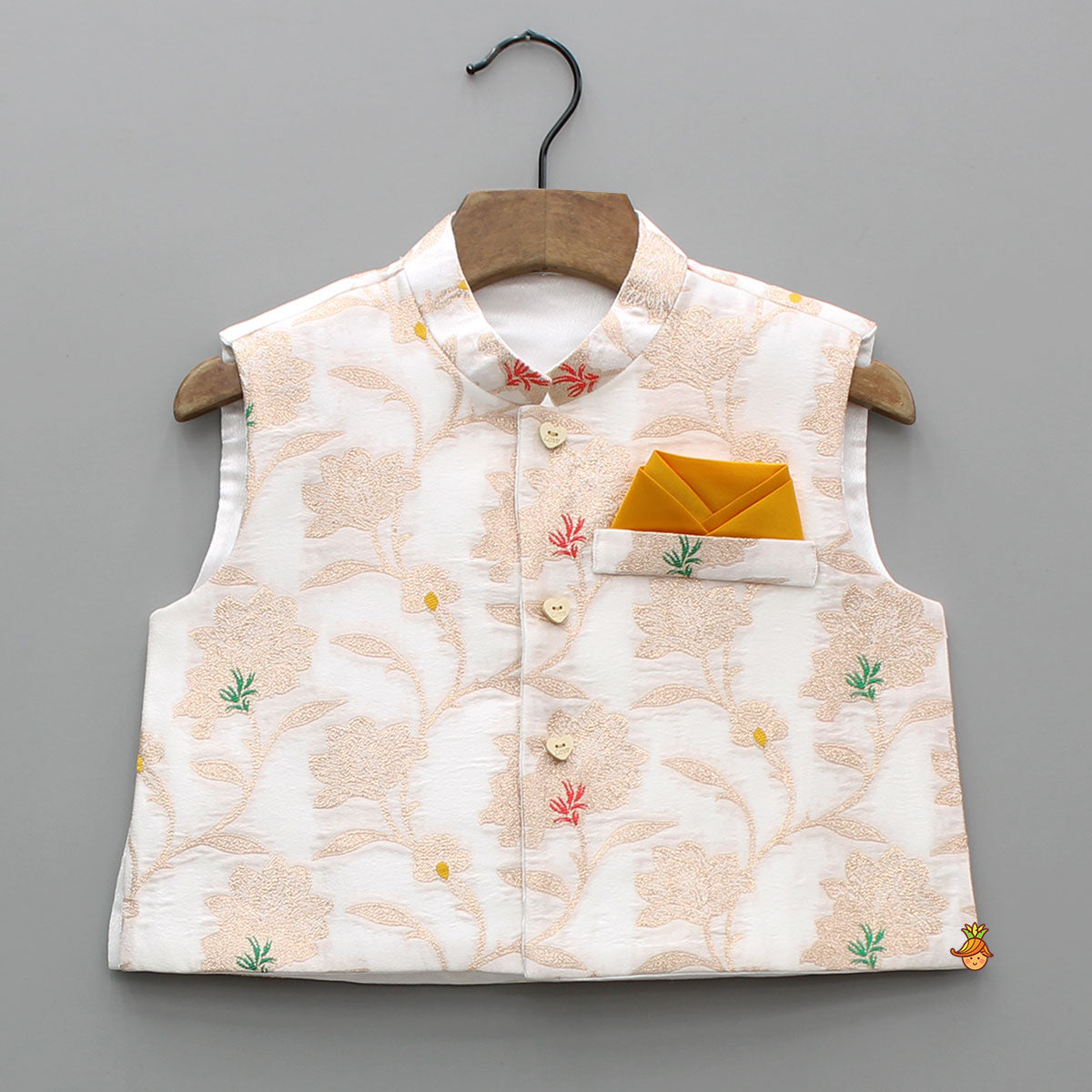 Pre Order: Yellow Kurta With Brocade Jacket And Pyjama