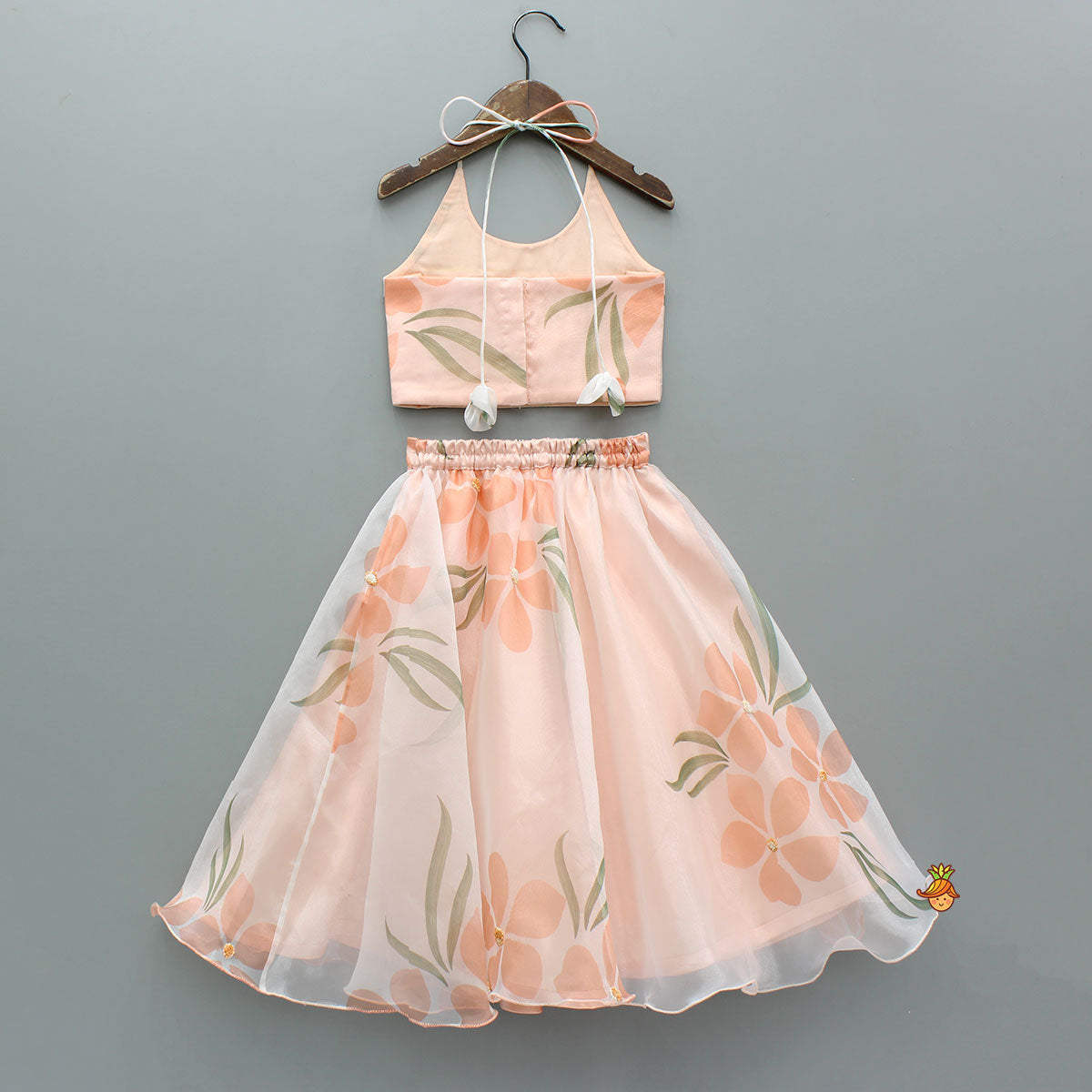 Pre Order: Peach Organza Floral Printed Halter Neck Top With Lehenga
