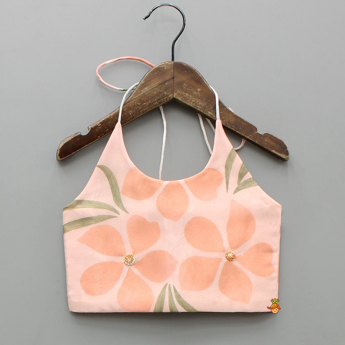 Pre Order: Peach Organza Floral Printed Halter Neck Top With Lehenga