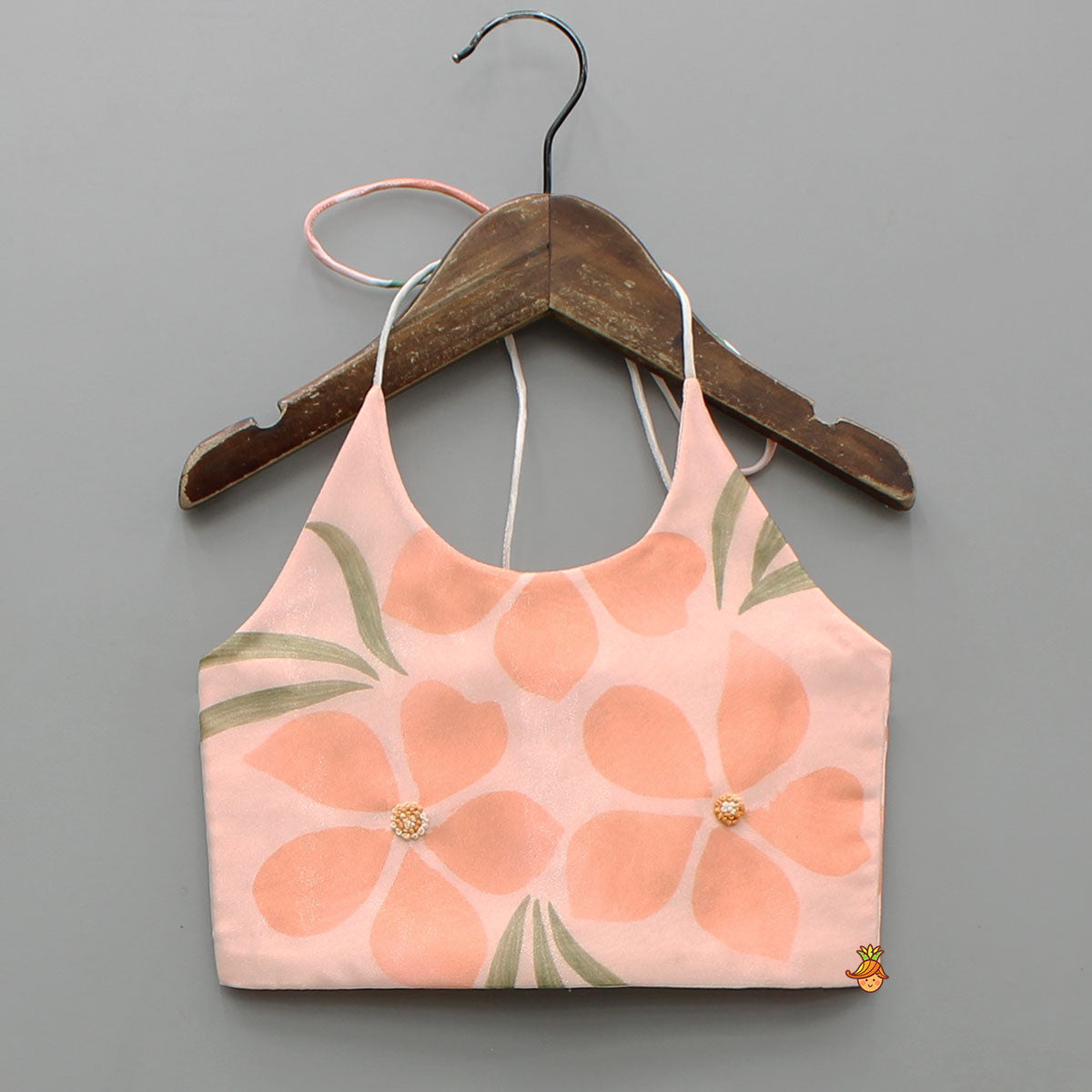 Pre Order: Peach Organza Floral Printed Halter Neck Top With Lehenga