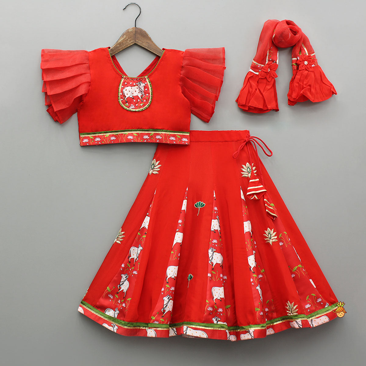 Pre Order: Red Applique Top With Matching Lehenga And Dupatta