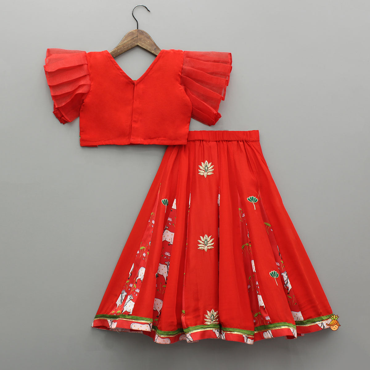 Pre Order: Red Applique Top With Matching Lehenga And Dupatta