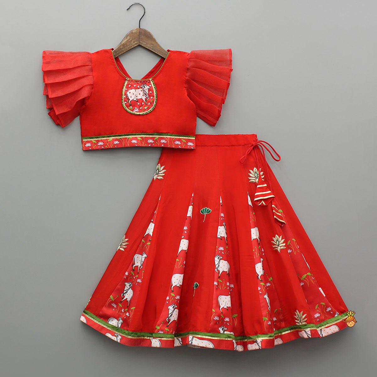 Pre Order: Red Applique Top With Matching Lehenga And Dupatta