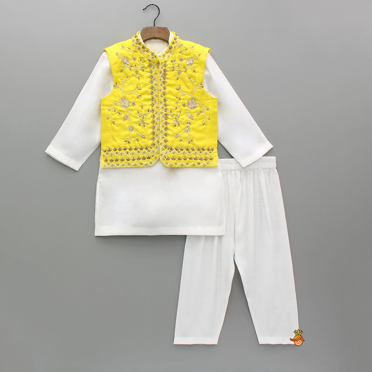 Pre Order: White Kurta With Zardozi Embroidered Sheen Yellow Jacket And Pyjama
