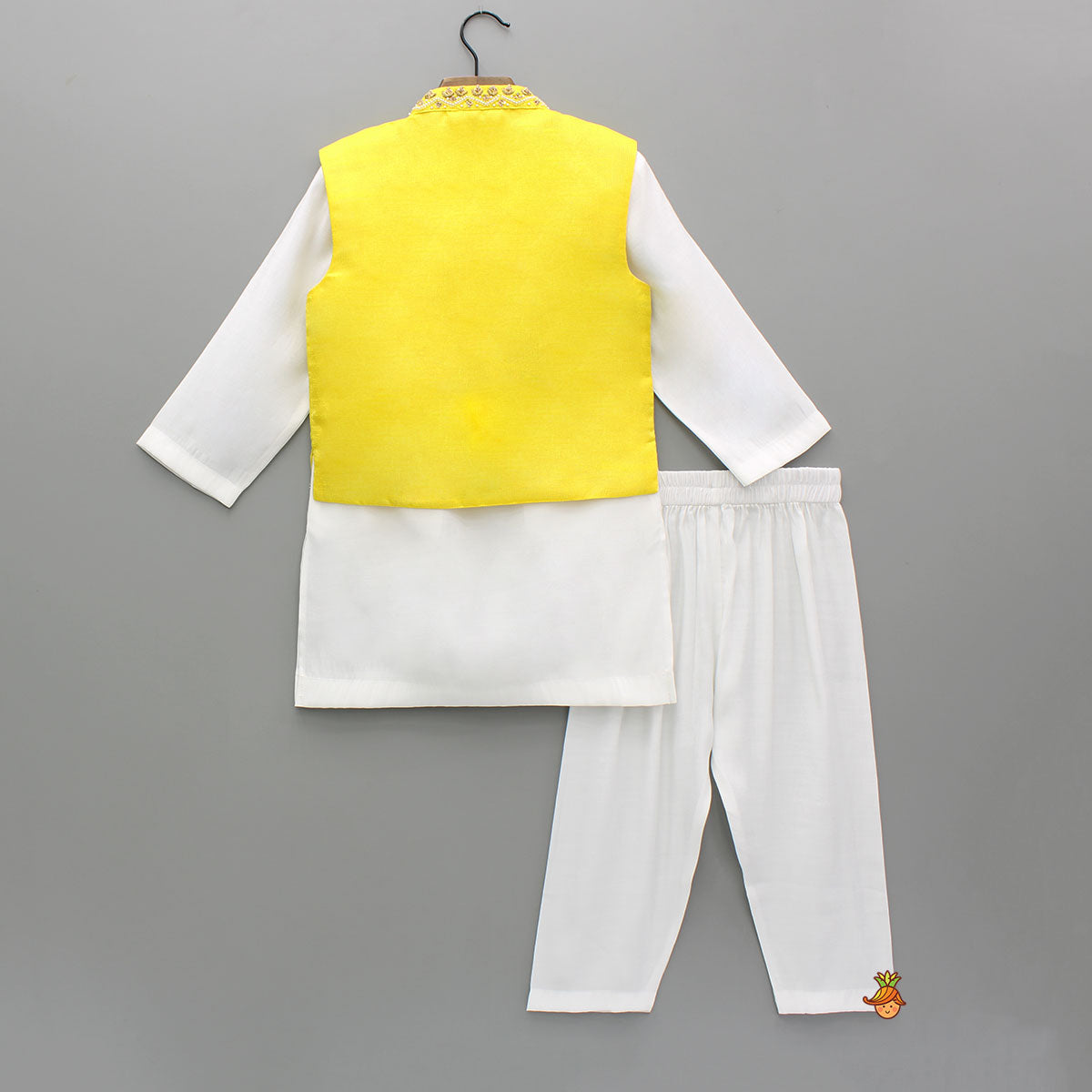 Pre Order: White Kurta With Zardozi Embroidered Sheen Yellow Jacket And Pyjama