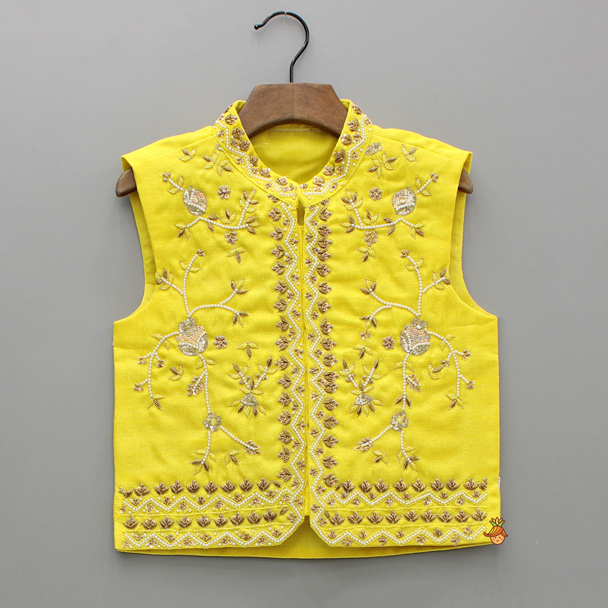 Pre Order: White Kurta With Zardozi Embroidered Sheen Yellow Jacket And Pyjama