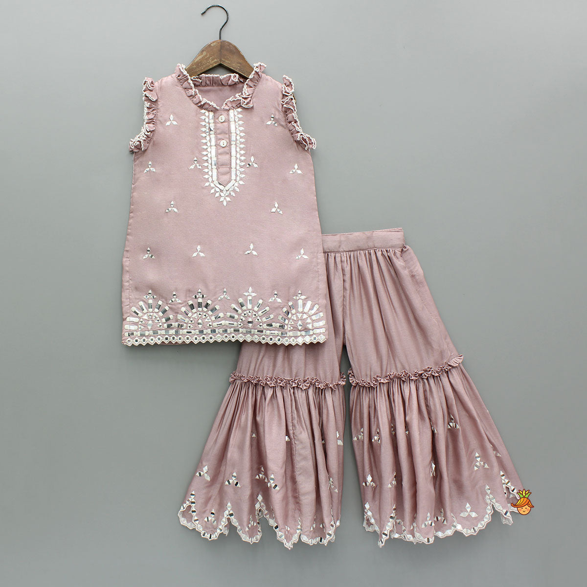 Pre Order: Pink Faux Mirror Embroidered Ruffle Detailed Kurti With Sharara