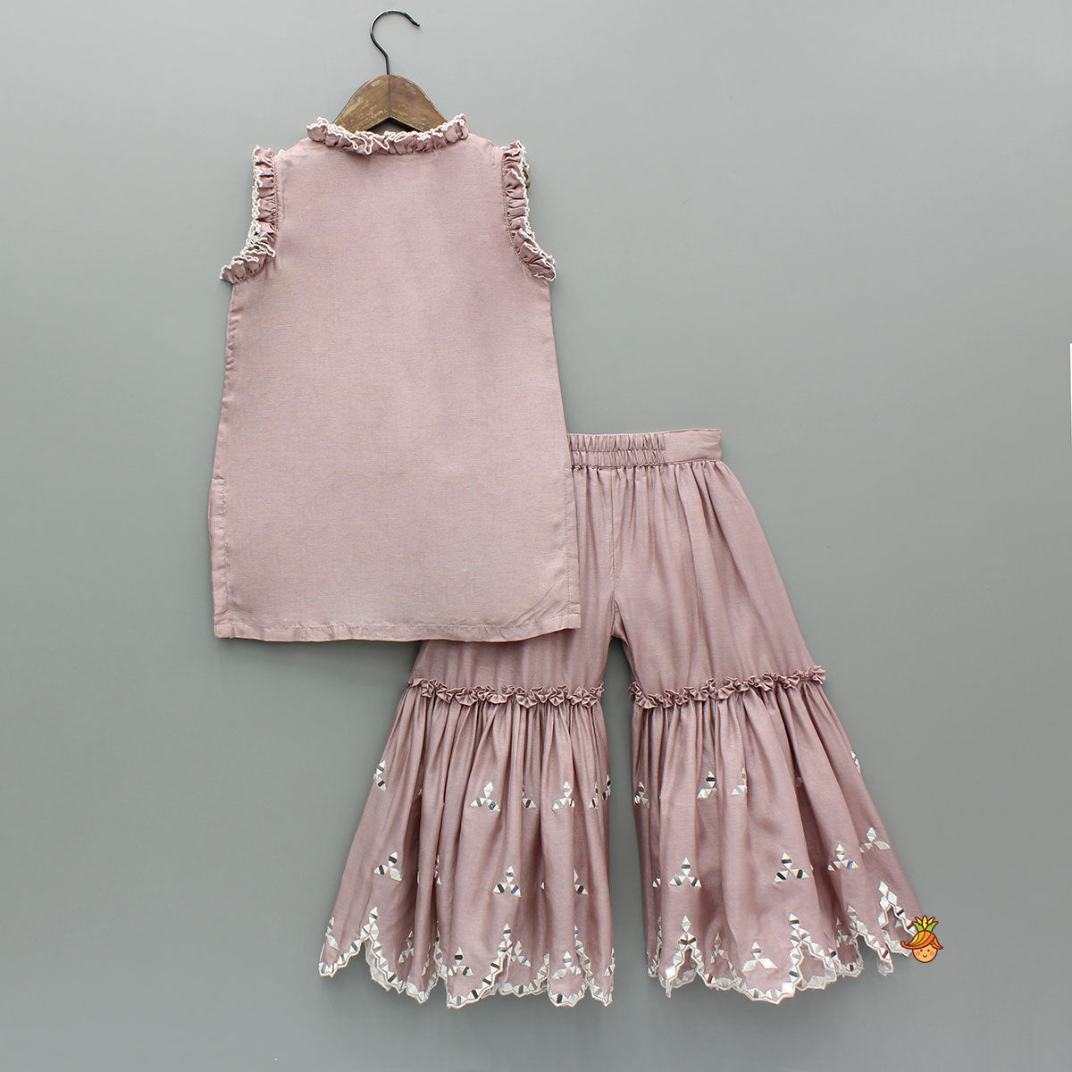 Pre Order: Pink Faux Mirror Embroidered Ruffle Detailed Kurti With Sharara