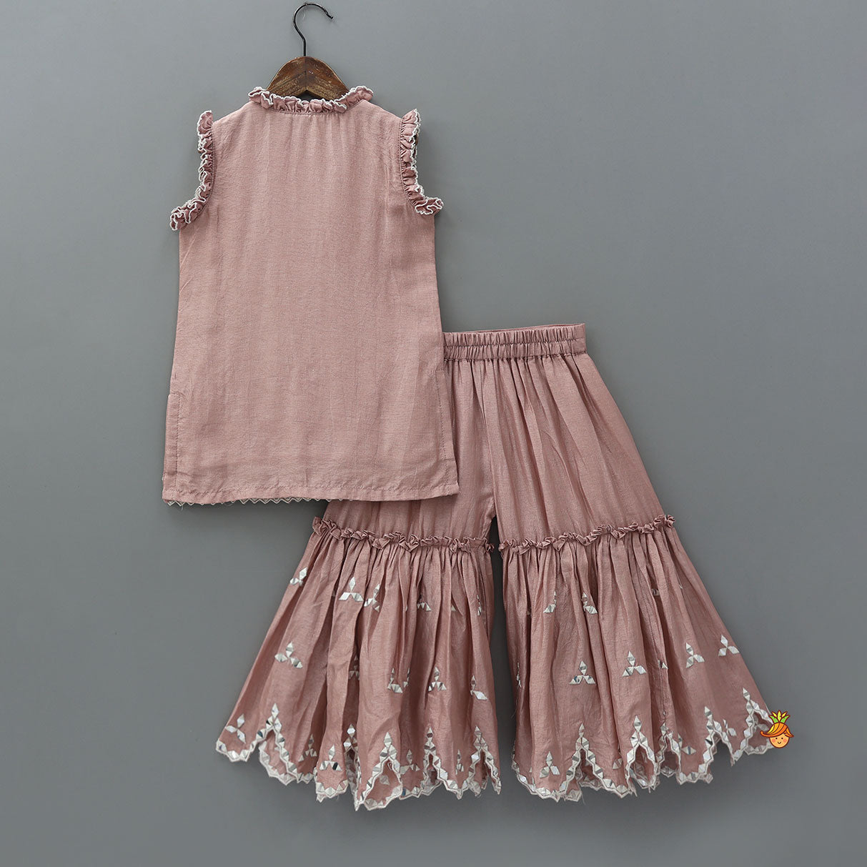 Pre Order: Pink Faux Mirror Embroidered Ruffle Detailed Kurti With Sharara