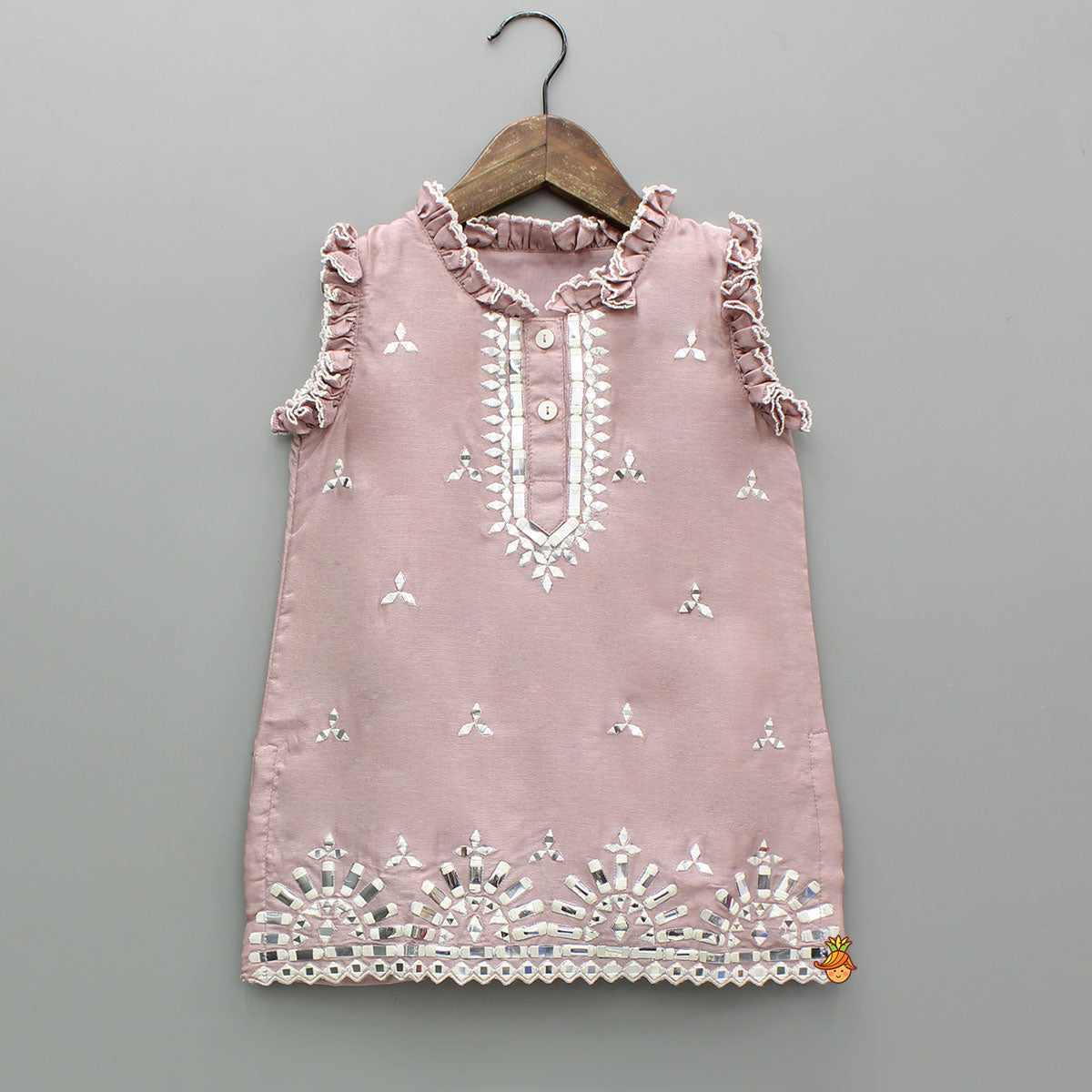 Pre Order: Pink Faux Mirror Embroidered Ruffle Detailed Kurti With Sharara