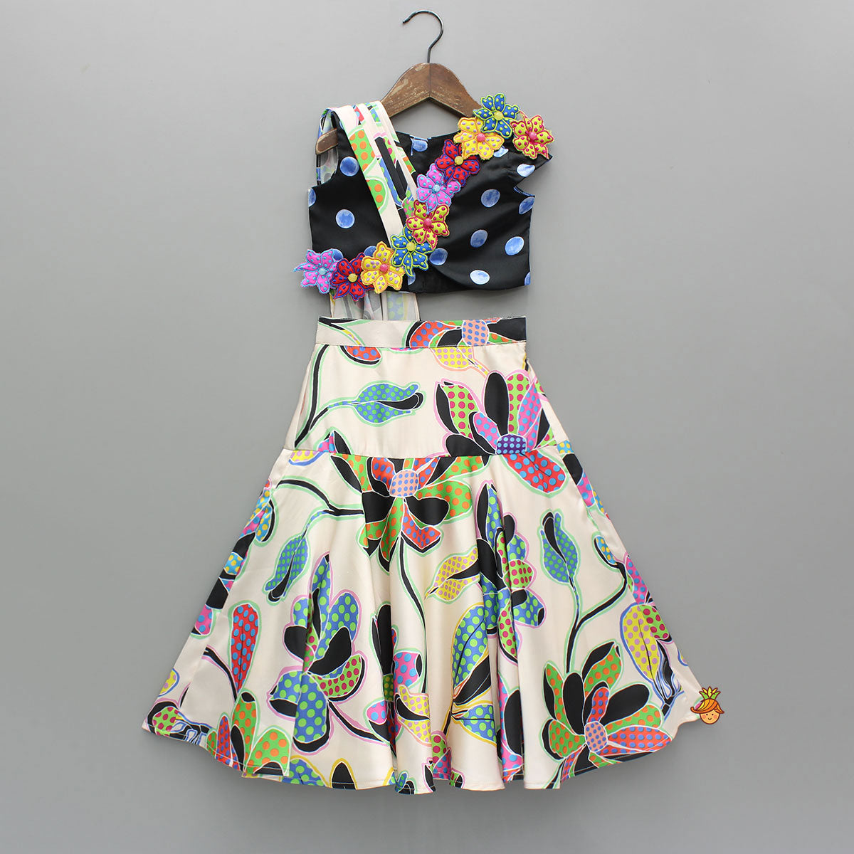 Pre Order: Colourful Flowers Embellished Pleated Black Top And Lehenga