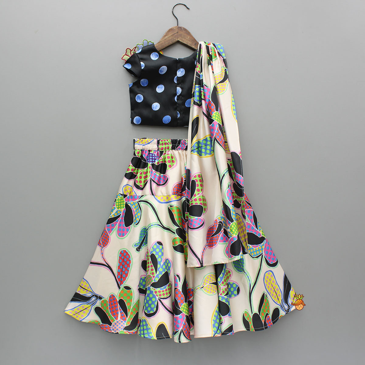 Pre Order: Colourful Flowers Embellished Pleated Black Top And Lehenga