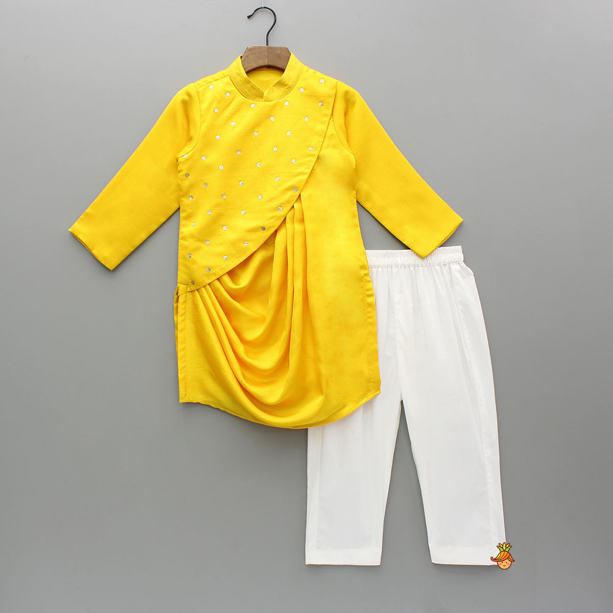 Pre Order: Yellow Draped Embroidered Kurta With Off White Pyjama