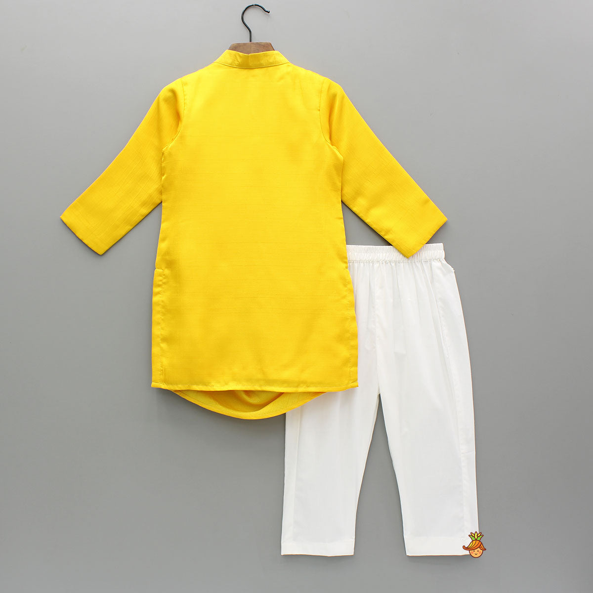 Pre Order: Yellow Draped Embroidered Kurta With Off White Pyjama
