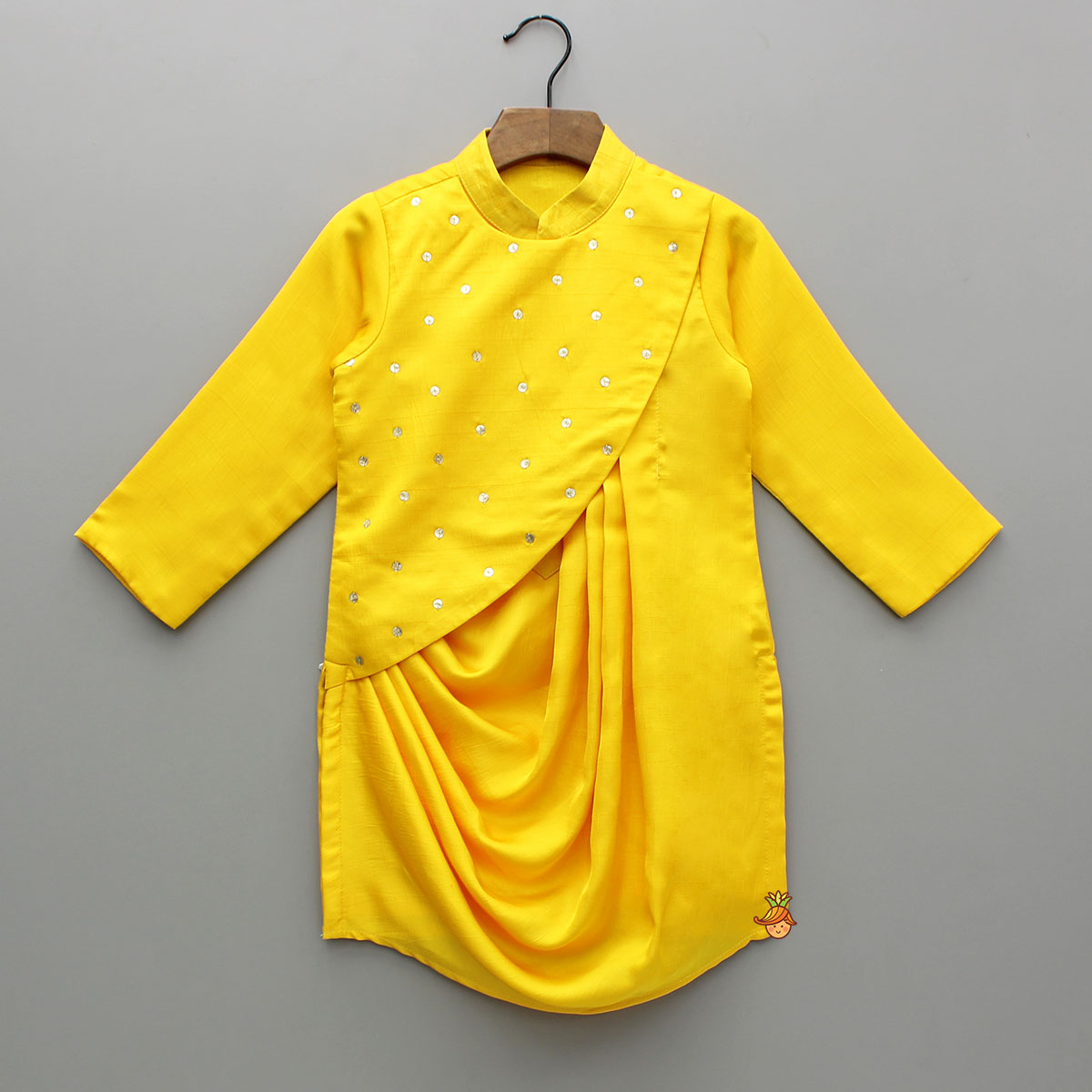 Pre Order: Yellow Draped Embroidered Kurta With Off White Pyjama