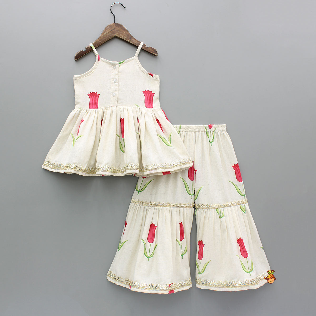 Pre Order: Red Tulip Printed Strappy Peplum Kurti With Printed Sharara And Red Dupatta