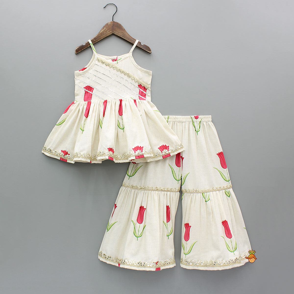 Pre Order: Red Tulip Printed Strappy Peplum Kurti With Printed Sharara And Red Dupatta