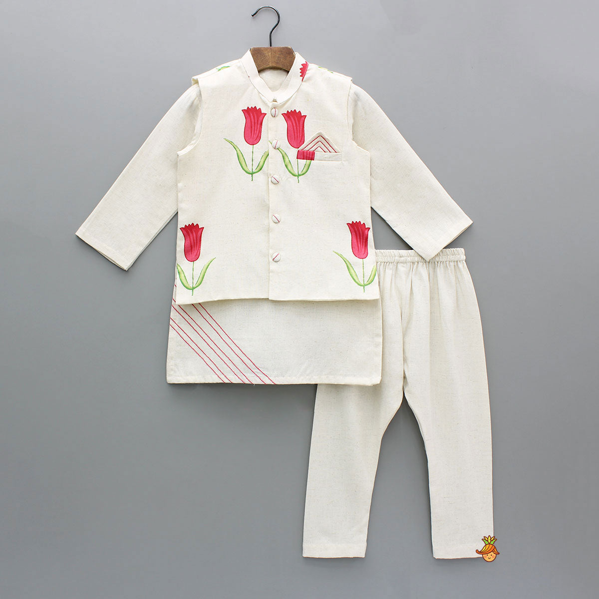 Pre Order: Off White Khadi Kurta With Red Tulip Printed Jacket And Pyjama