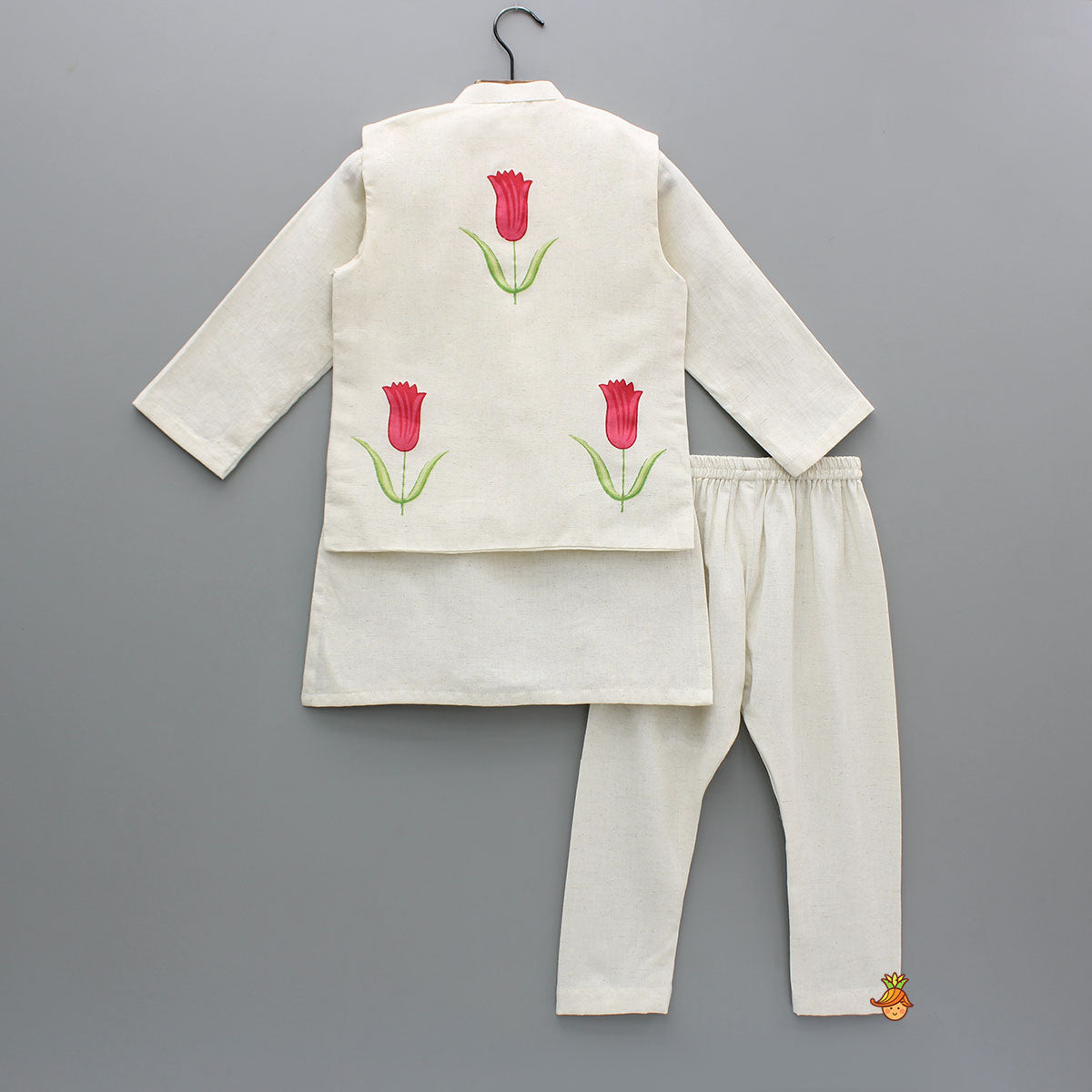 Pre Order: Off White Khadi Kurta With Red Tulip Printed Jacket And Pyjama