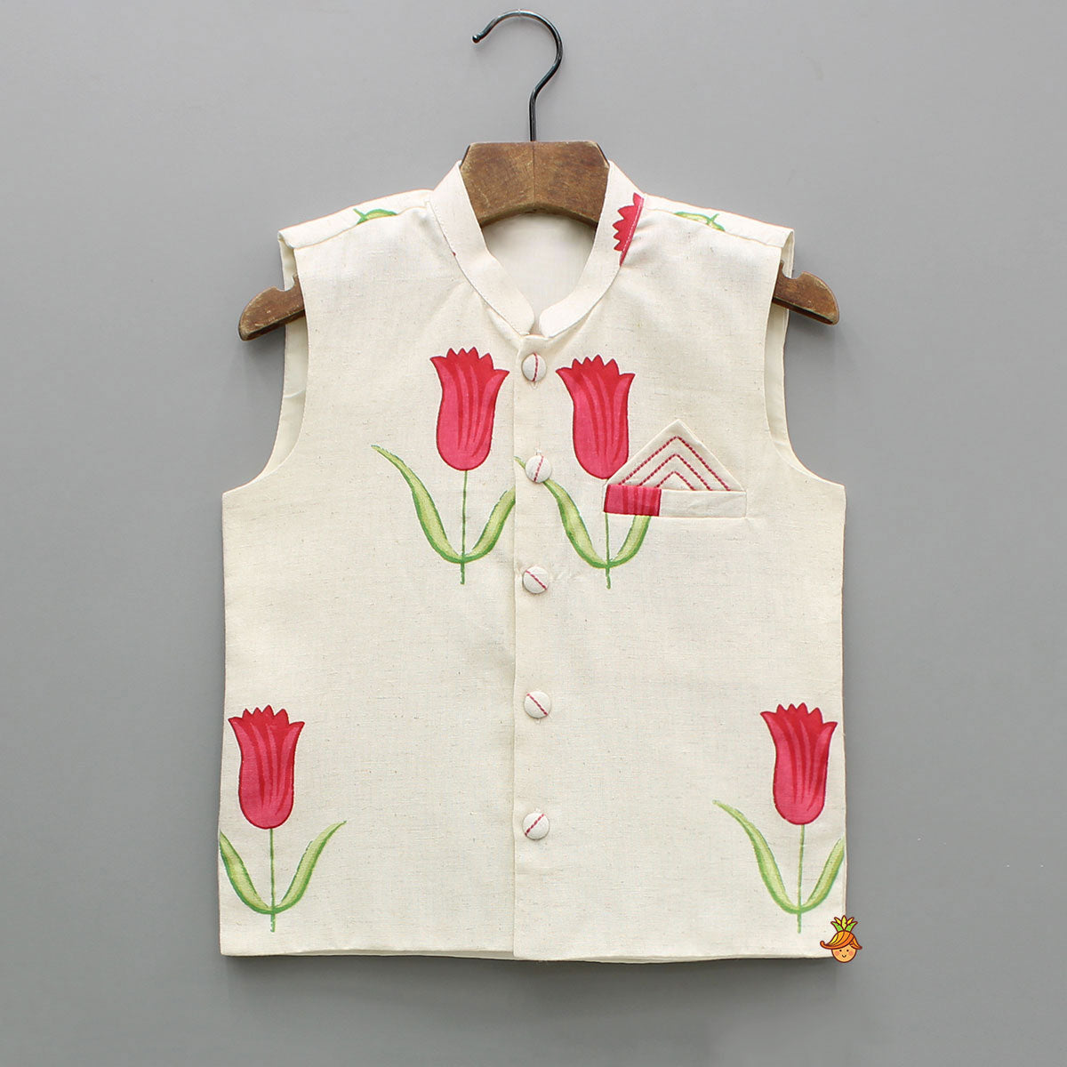 Pre Order: Off White Khadi Kurta With Red Tulip Printed Jacket And Pyjama