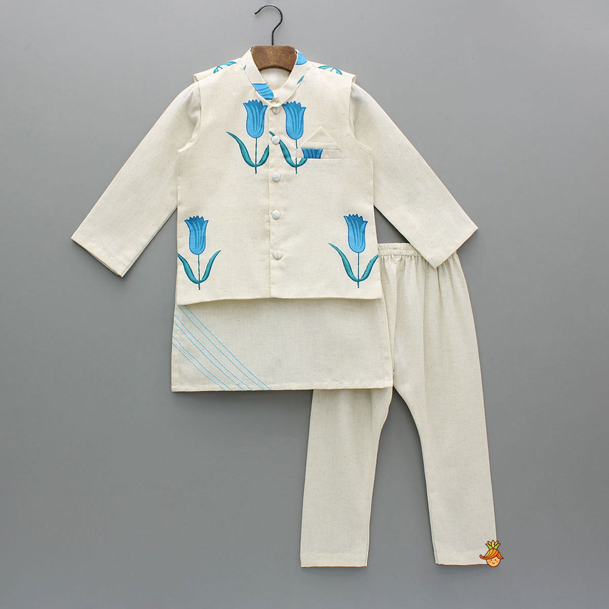 Pre Order: Off White Khadi Cotton Kurta With Blue Tulip Printed Jacket And Pyjama