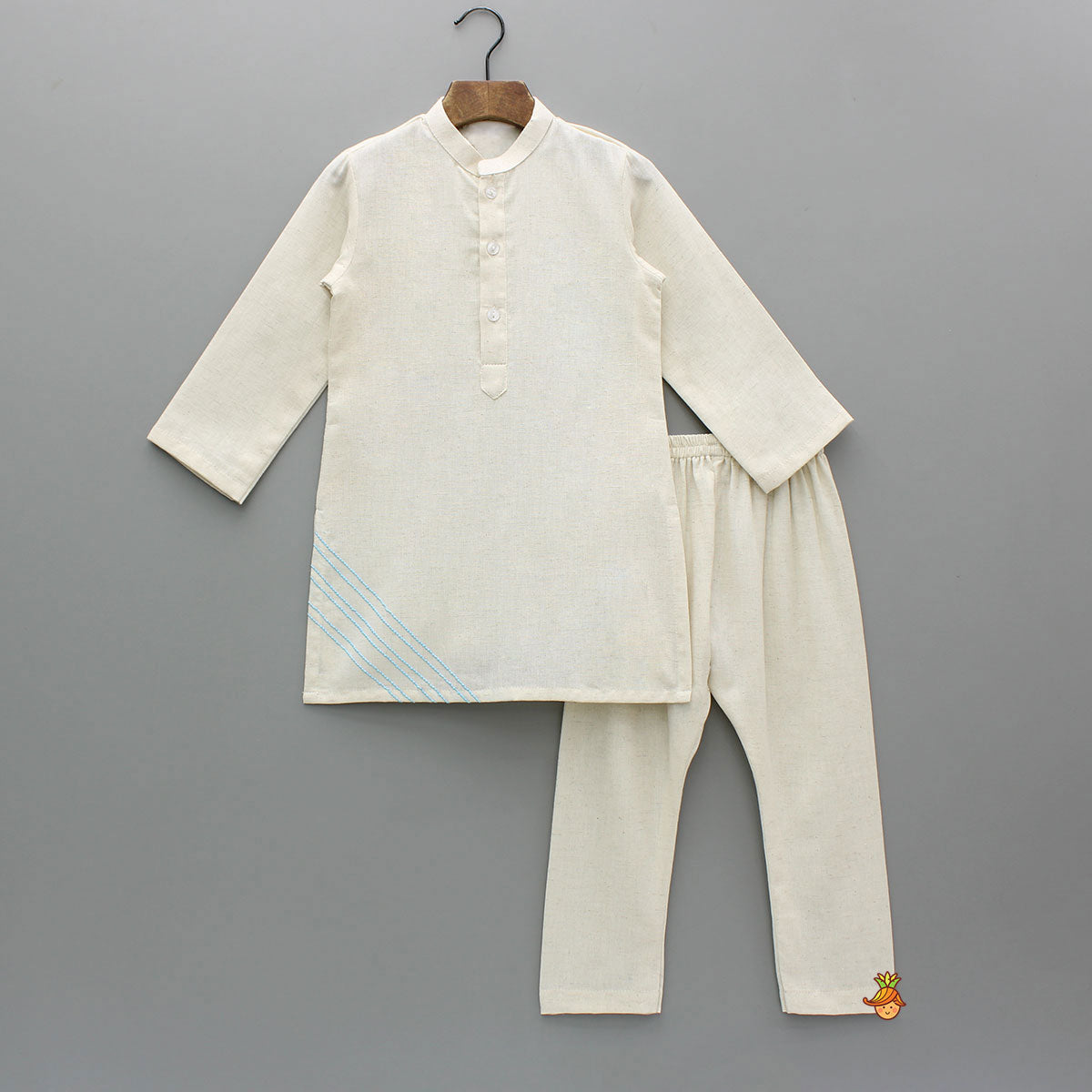 Pre Order: Off White Khadi Cotton Kurta With Blue Tulip Printed Jacket And Pyjama