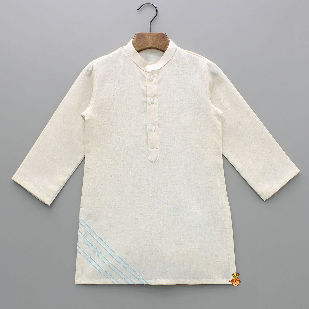 Pre Order: Off White Khadi Cotton Kurta With Blue Tulip Printed Jacket And Pyjama