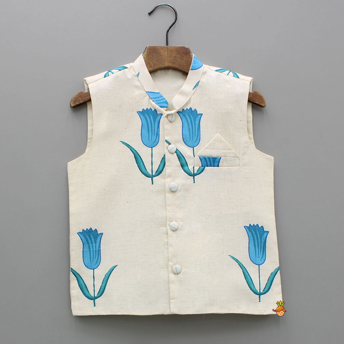 Pre Order: Off White Khadi Cotton Kurta With Blue Tulip Printed Jacket And Pyjama