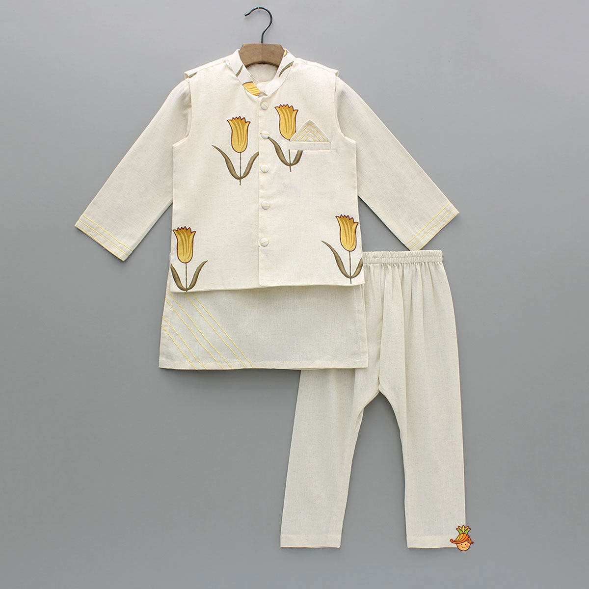 Pre Order: Off White Khadi Kurta With Yellow Tulip Printed Jacket And Pyjama