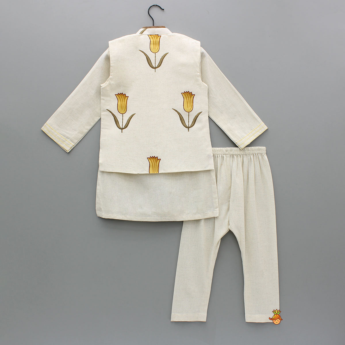 Pre Order: Off White Khadi Kurta With Yellow Tulip Printed Jacket And Pyjama