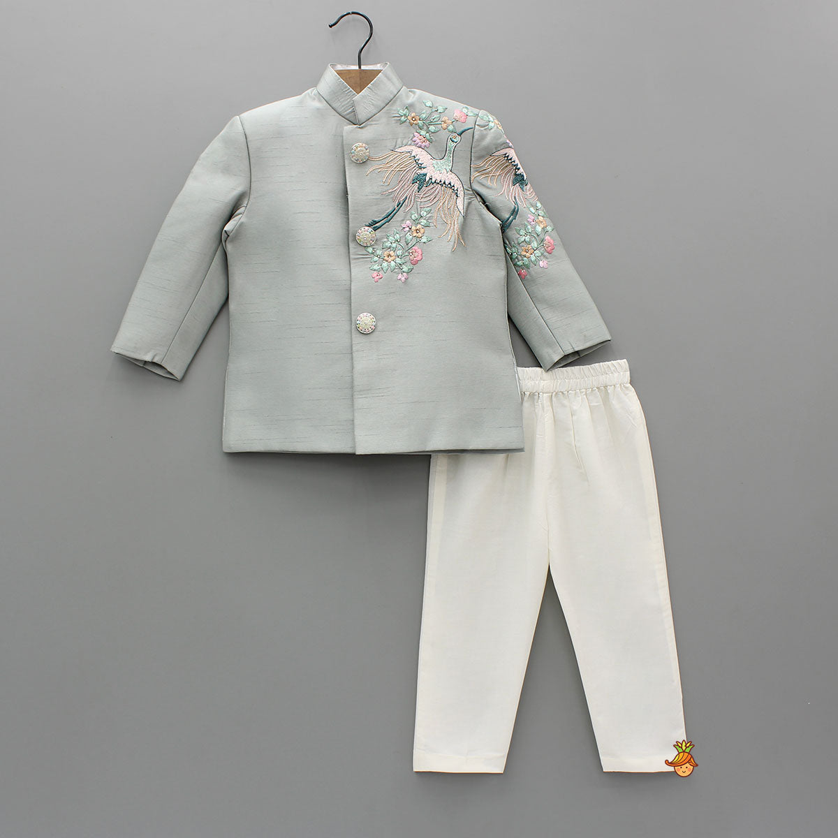 Pre Order: Grey Beautiful Embroidered Sherwani With Cream White Pyjama