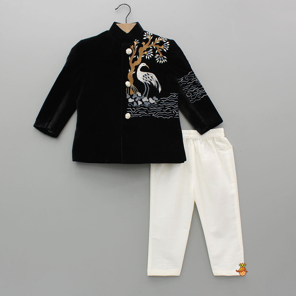 Pre Order: Black Velvet Embroidered Sherwani With Cream White Pyjama