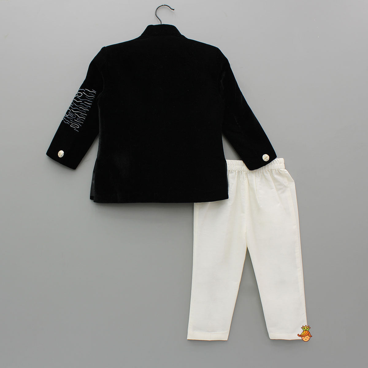Pre Order: Black Velvet Embroidered Sherwani With Cream White Pyjama