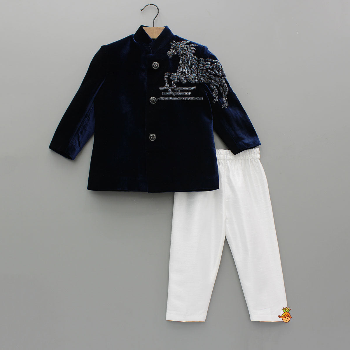 Pre Order: Stylish Embroidered Blue Velvet Sherwani With White Pyjama