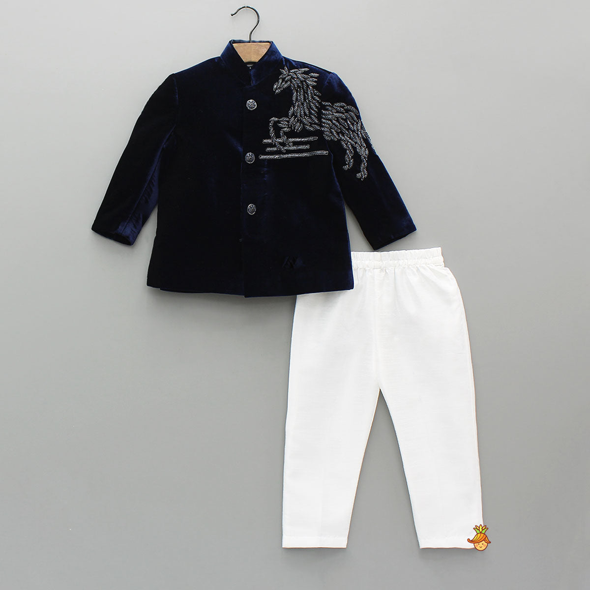 Pre Order: Stylish Embroidered Blue Velvet Sherwani With White Pyjama