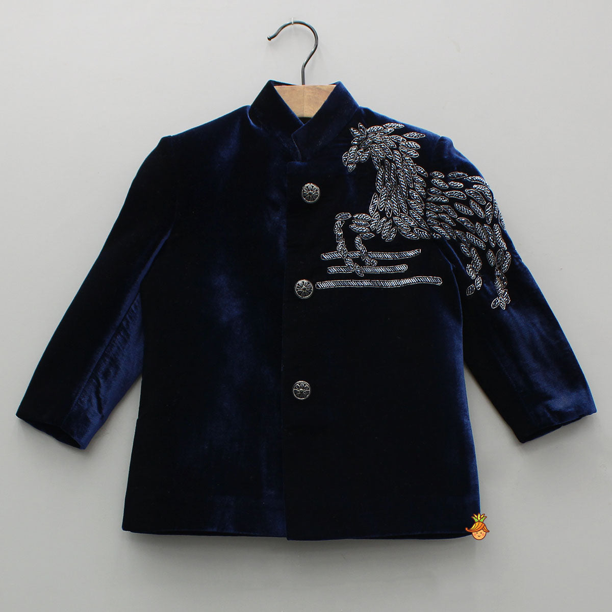 Pre Order: Stylish Embroidered Blue Velvet Sherwani With White Pyjama