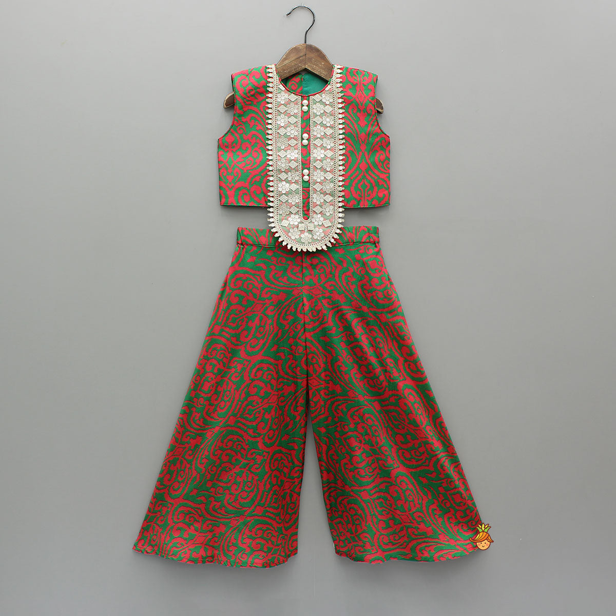 Pink And Green Printed Top With Palazzo