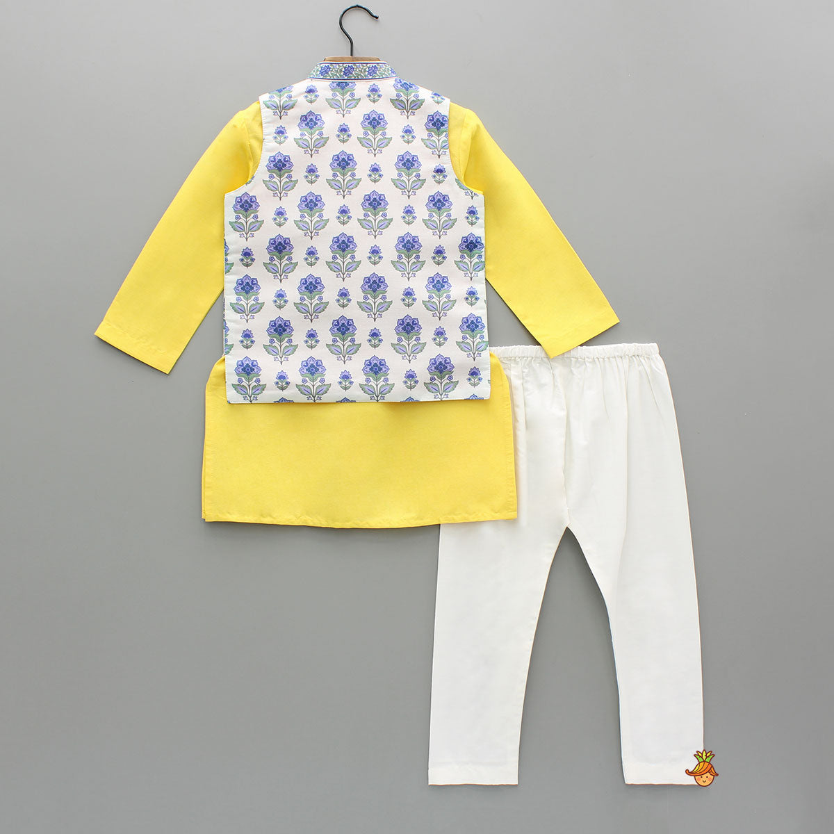 Pre Order: Yellow Kurta With Printed Jacket And Pyjama