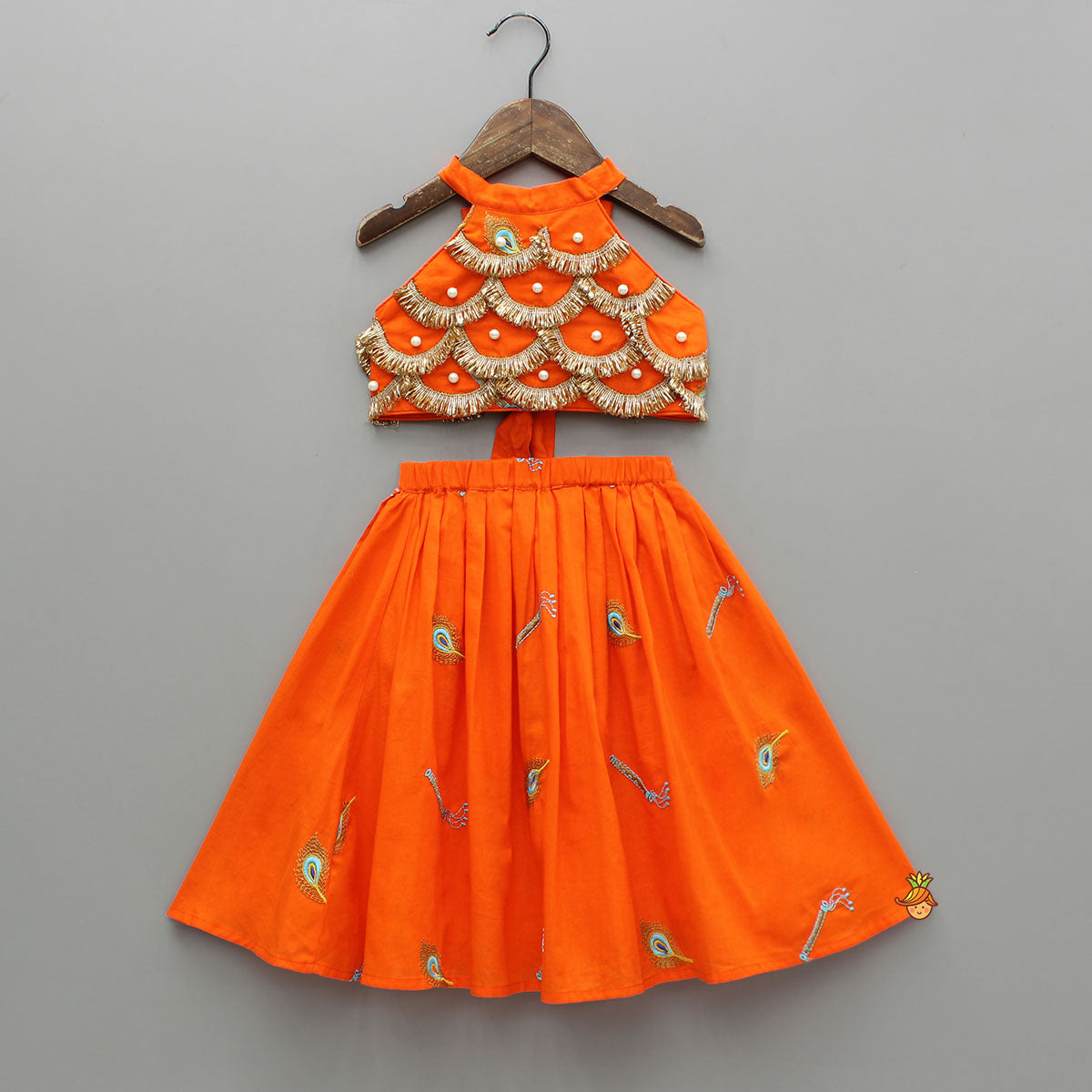 Pre Order: Scalloped Lace Detailed Orange Top And Lehenga