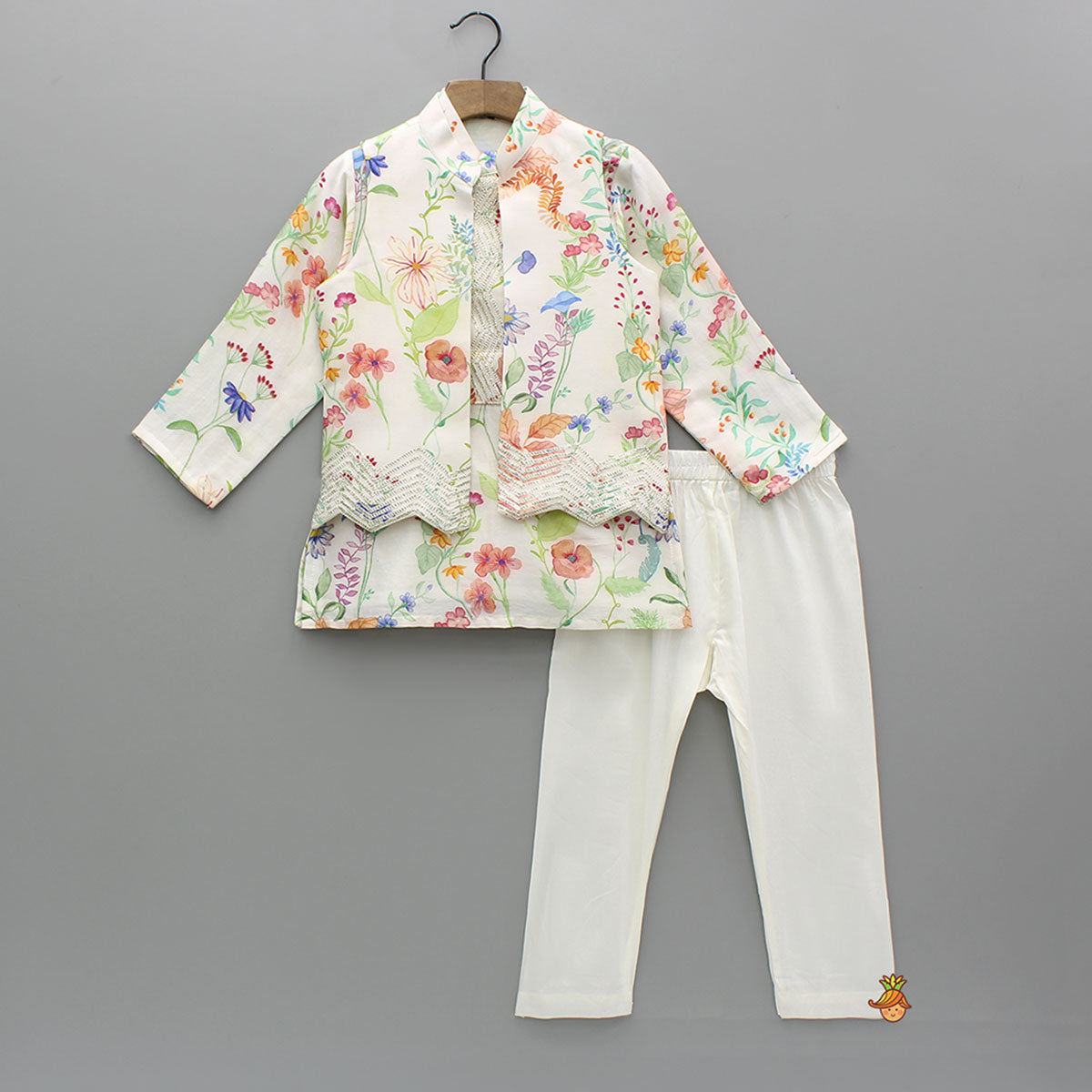 Pre Order: Multicolour Floral Printed Chanderi Kurta With Front Open Jacket And Pyjama