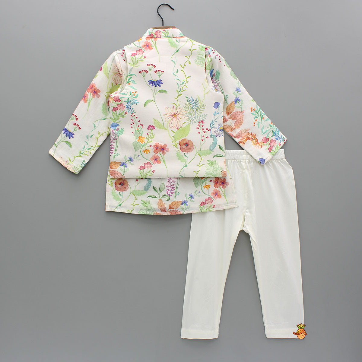 Pre Order: Multicolour Floral Printed Chanderi Kurta With Front Open Jacket And Pyjama