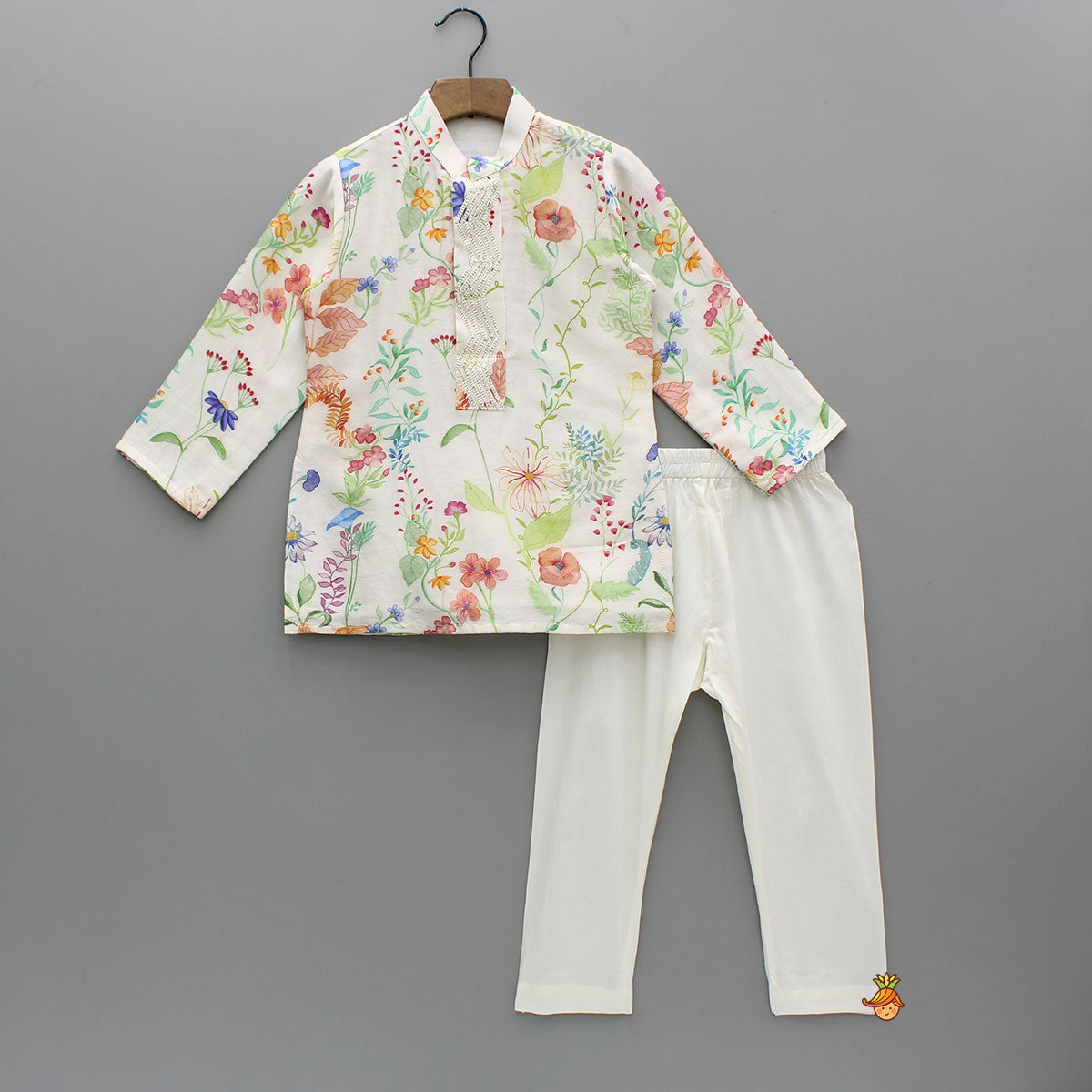 Pre Order: Multicolour Floral Printed Chanderi Kurta With Front Open Jacket And Pyjama