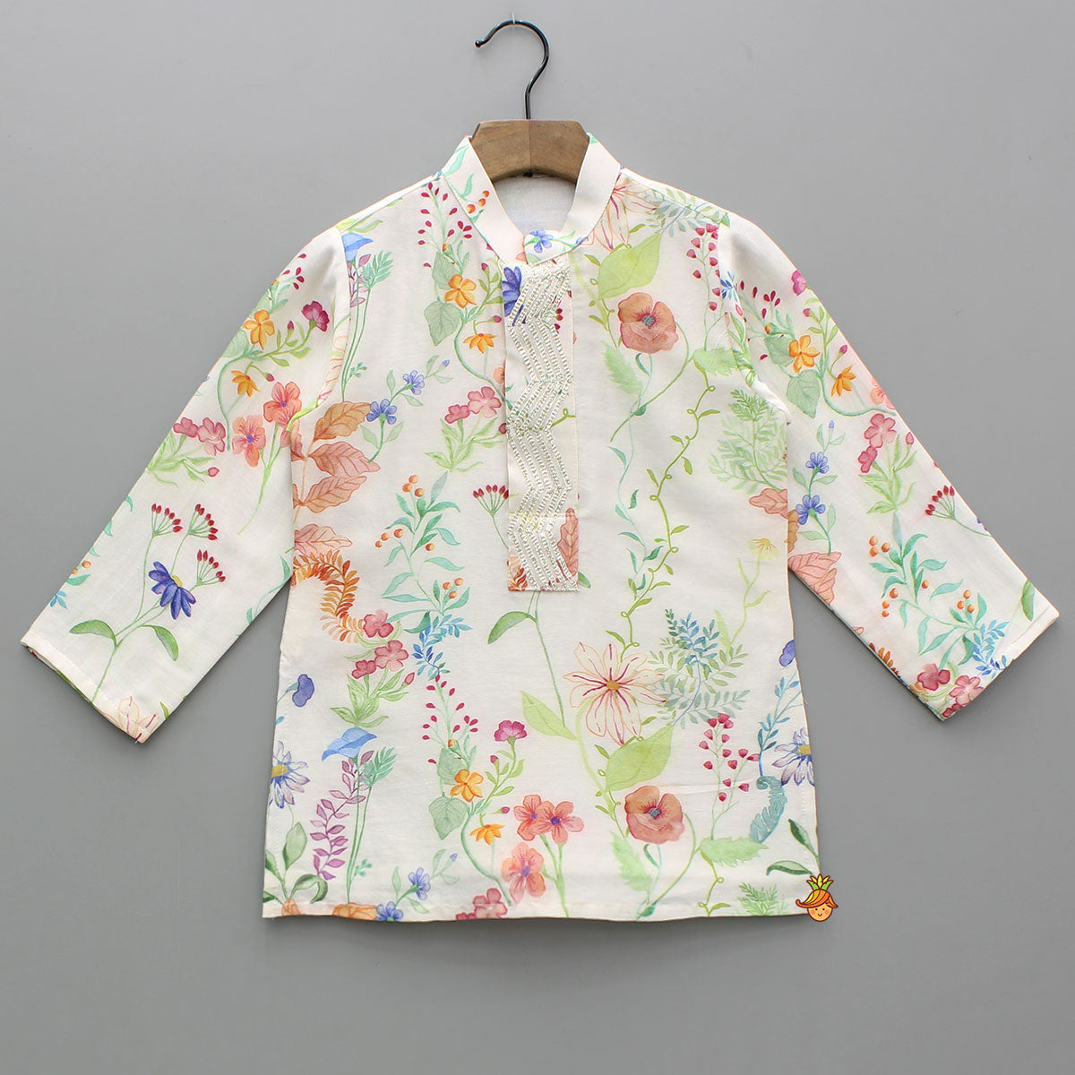 Pre Order: Multicolour Floral Printed Chanderi Kurta With Front Open Jacket And Pyjama
