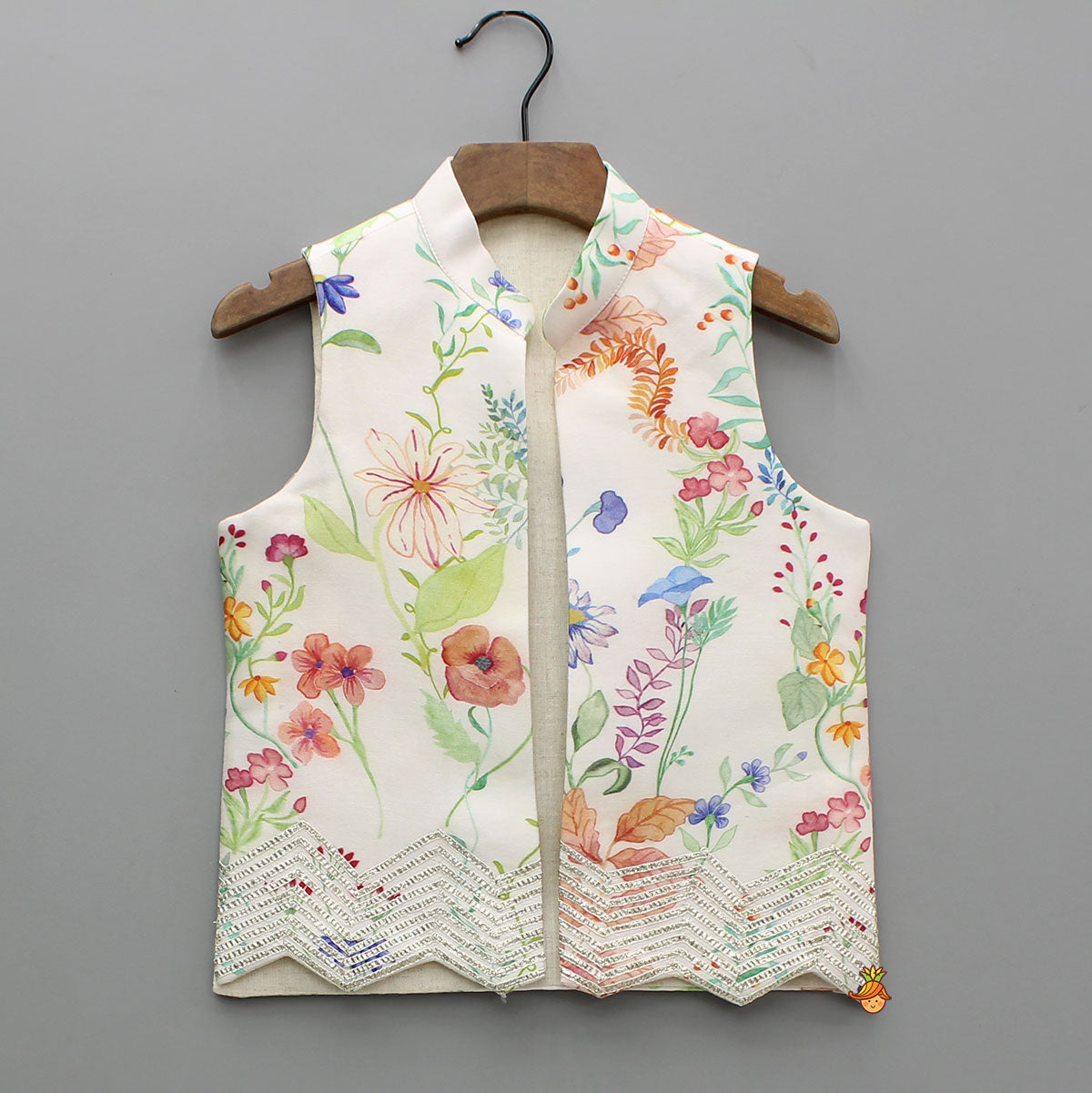 Pre Order: Multicolour Floral Printed Chanderi Kurta With Front Open Jacket And Pyjama